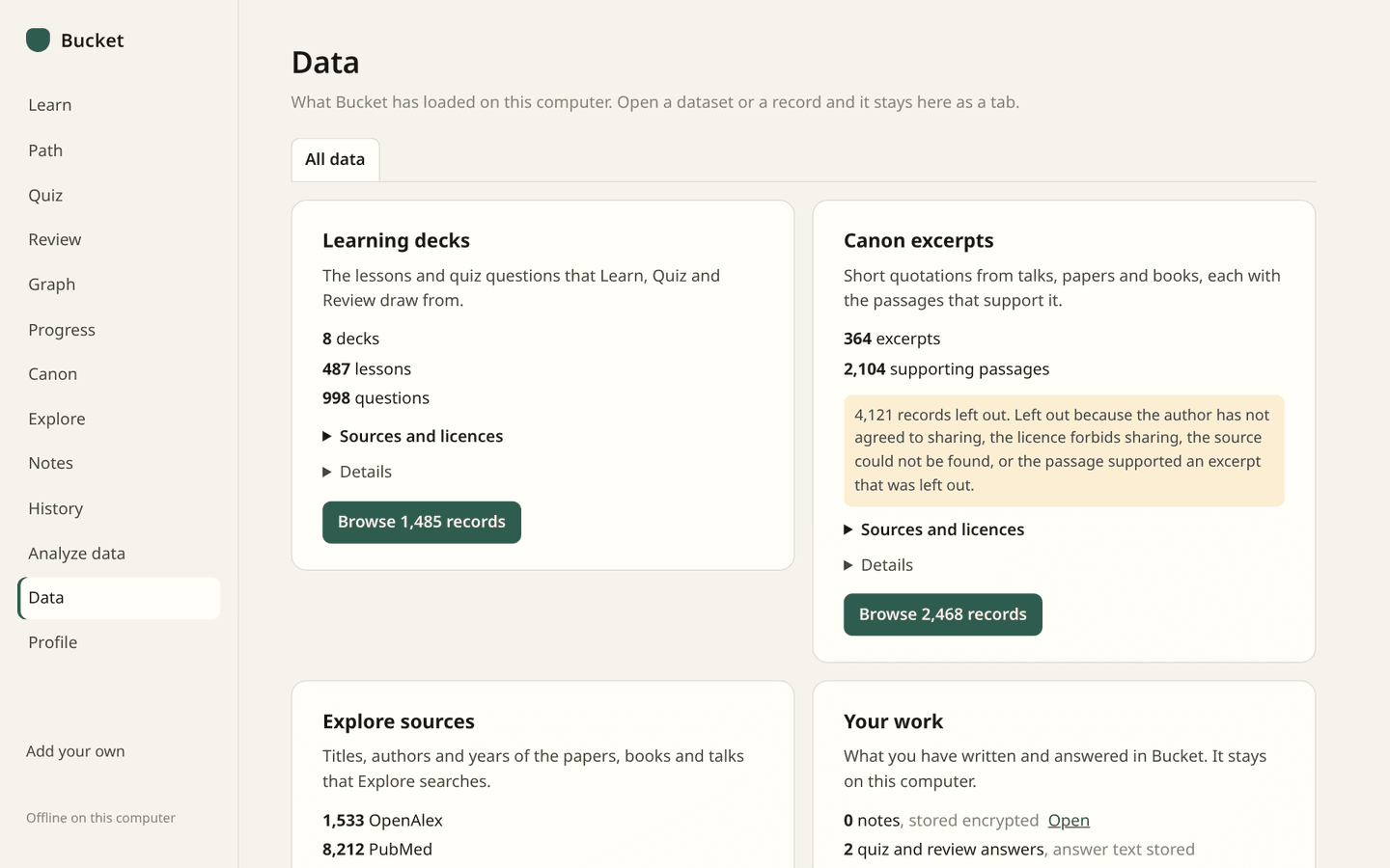 The Data view of the Bucket desktop app: what is loaded on this computer.