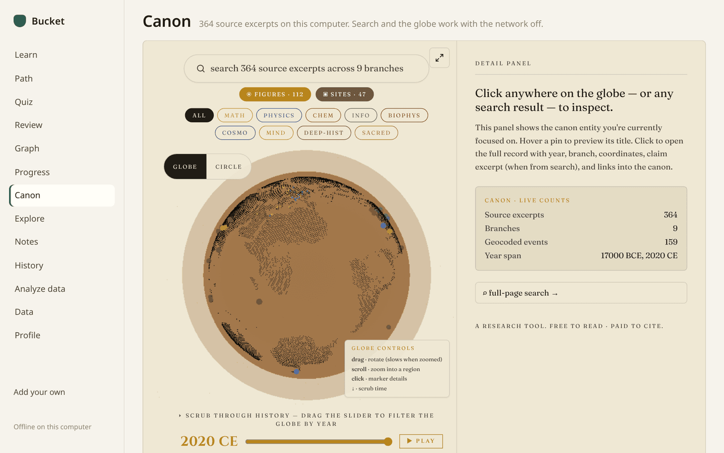 The Canon view of the Bucket desktop app: source excerpts on the globe.