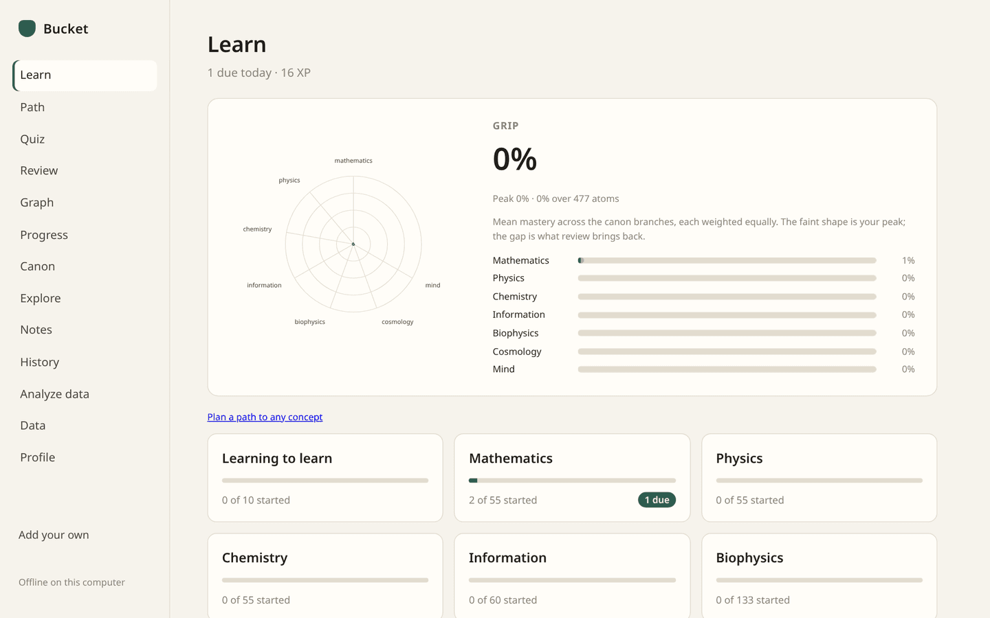 The Learn view of the Bucket desktop app: decks and mastery per branch.