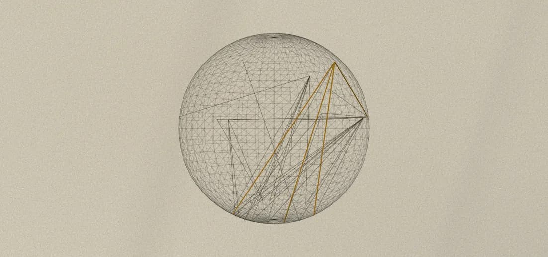 A wireframe sphere in dark ink on a parchment background, with a few gold lines joining points on its surface.